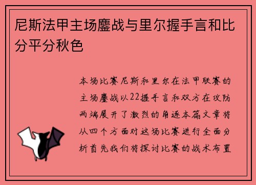 尼斯法甲主场鏖战与里尔握手言和比分平分秋色
