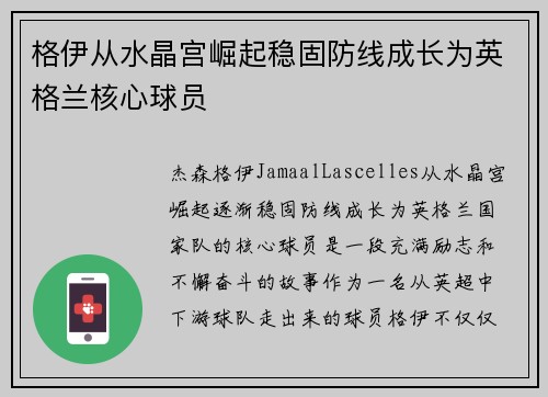 格伊从水晶宫崛起稳固防线成长为英格兰核心球员
